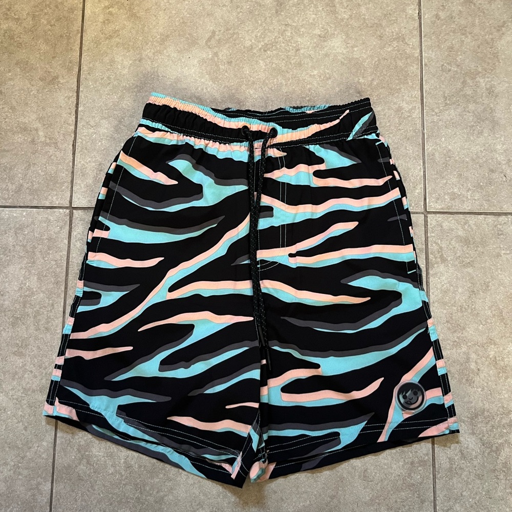 Neff board shorts Swim trunks with black teal coral stripes